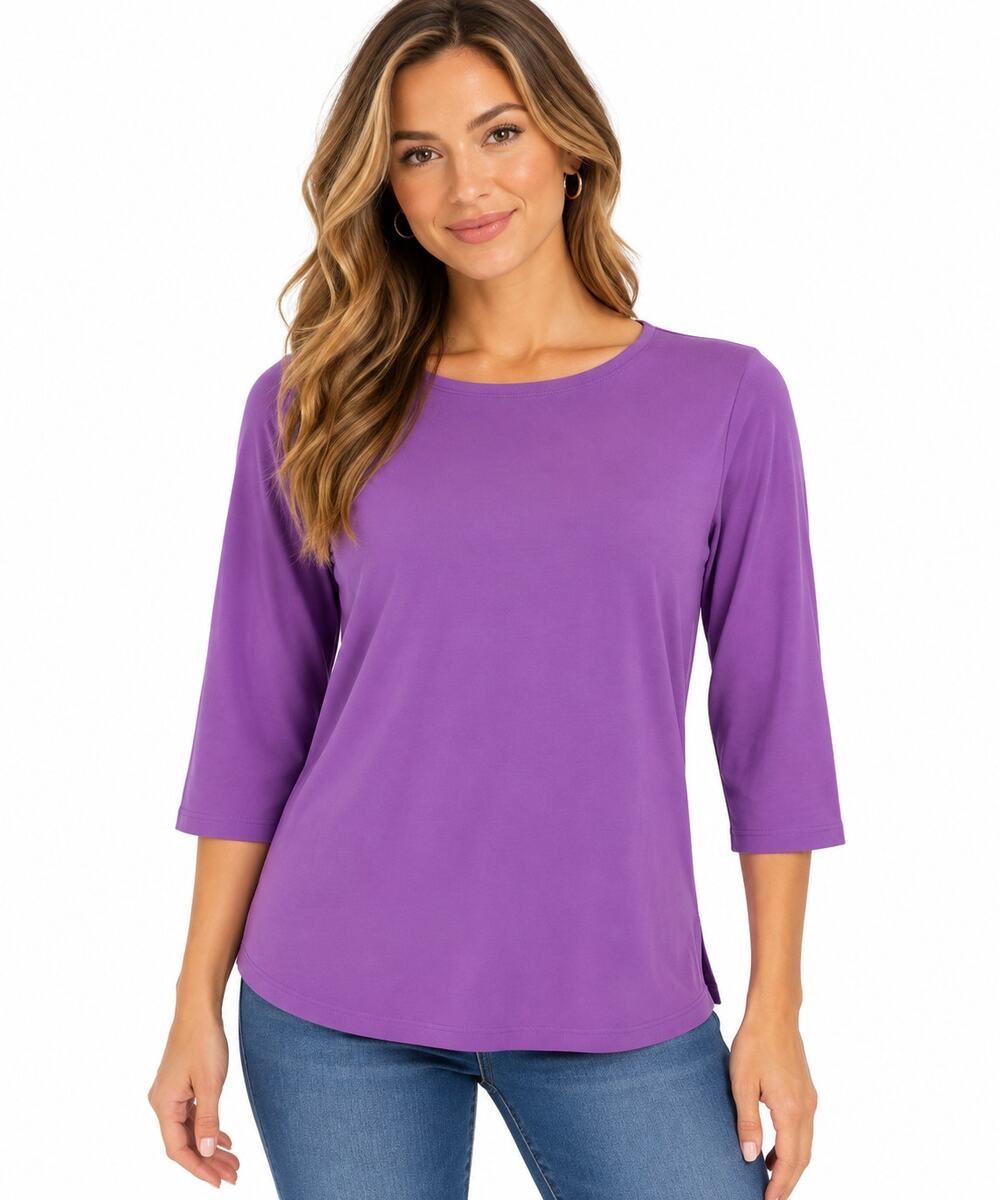 Susan Graver Modern Essentials Women Small Purple Liquid Knit 3/4 Sleeve Tunic